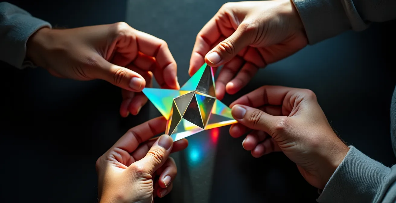 Mains expertes manipulant des outils d'analyse SEO de manière métaphorique