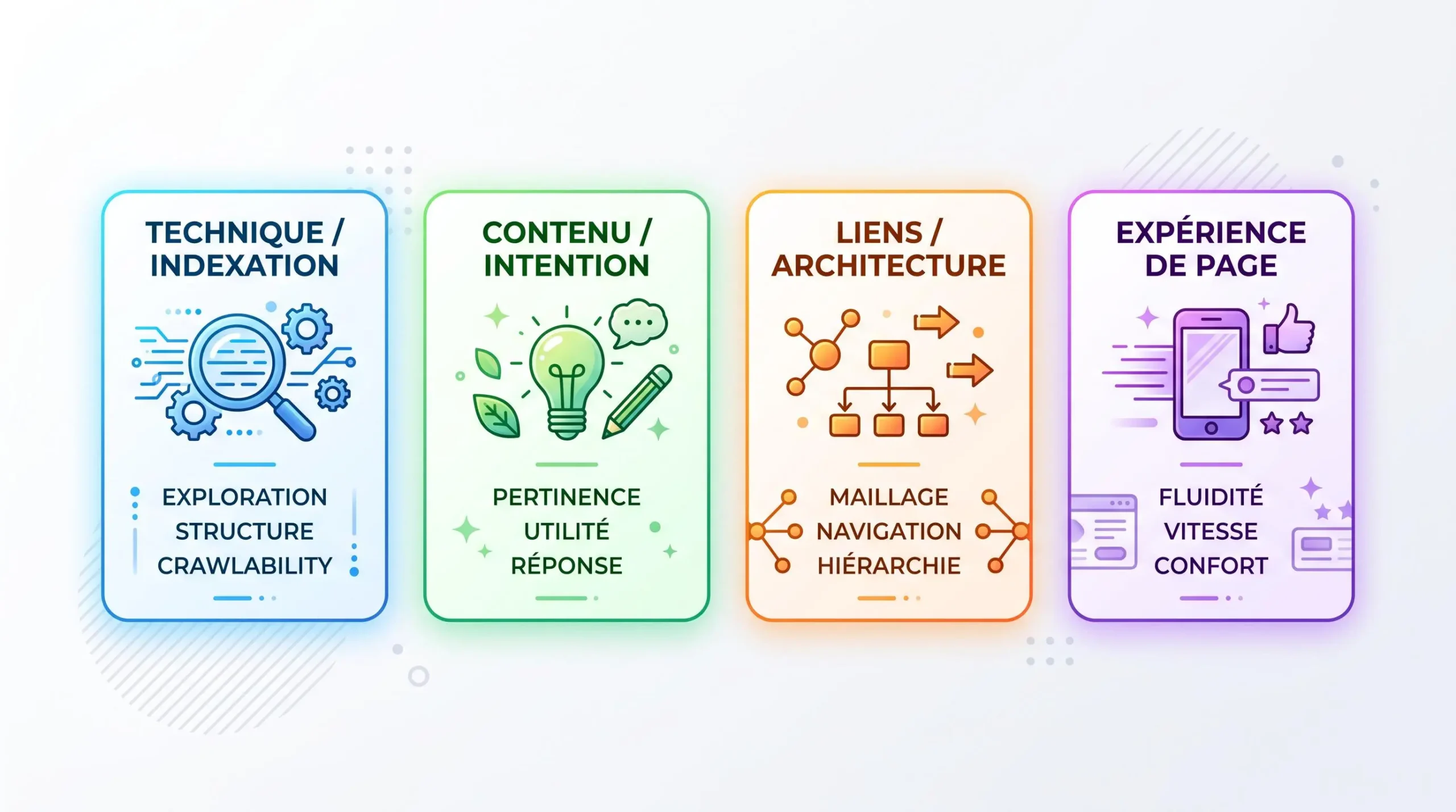 Comparaison visuelle des freins SEO liés à la technique, au contenu, aux liens et à l’expérience